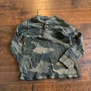 Open Trails Boys 4/5 XS Camo Henley Top Green Brown Waffle Knit